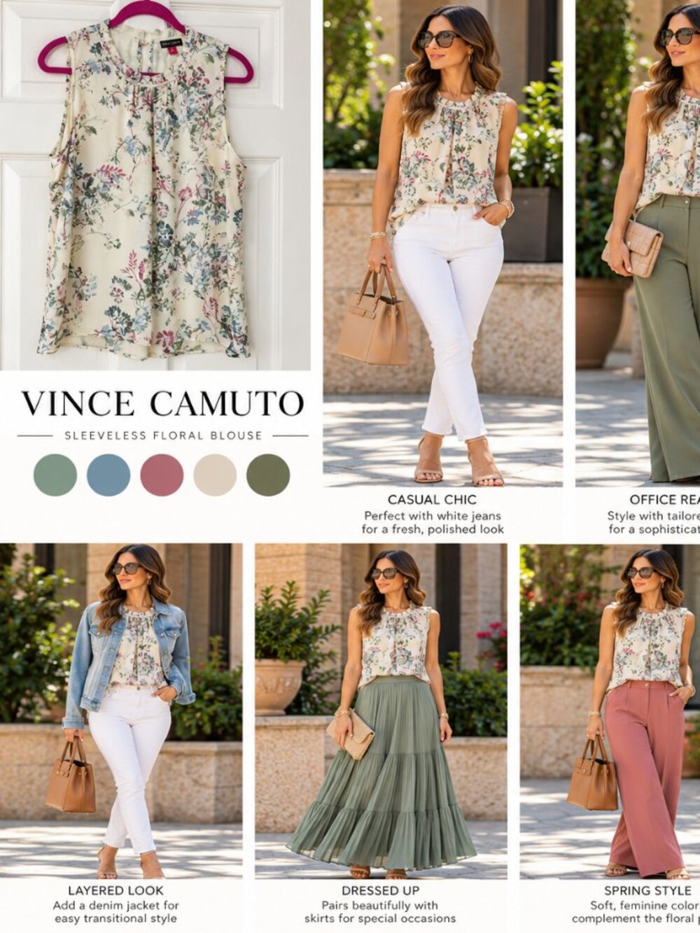Vince Camuto Ivory Floral Sleeveless Pleated Blouse Top Size XL